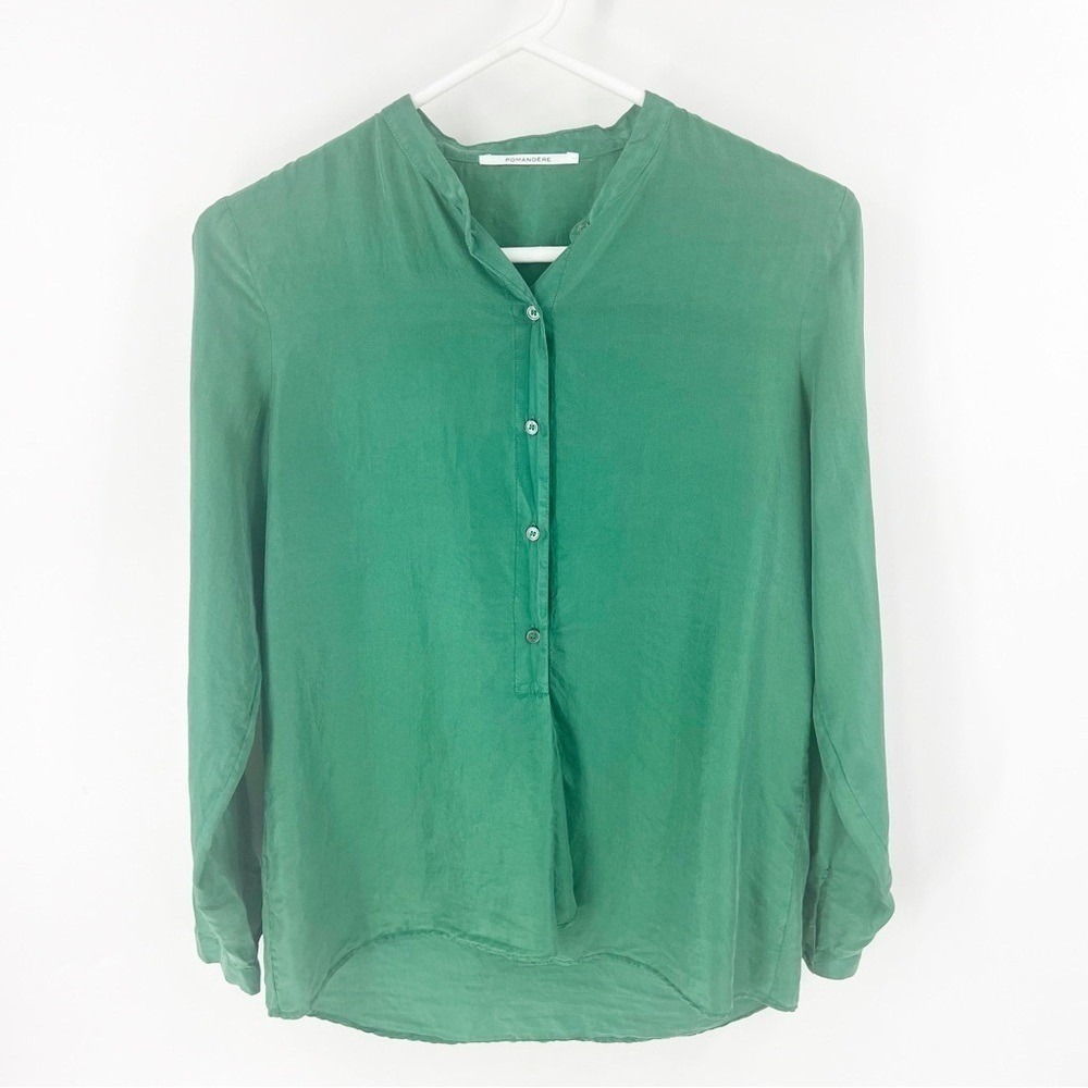 ✅ POMANDERE KELLY GREEN SILK‎ COLLARLESS BUTTON FRONT TOP SIZE 4
